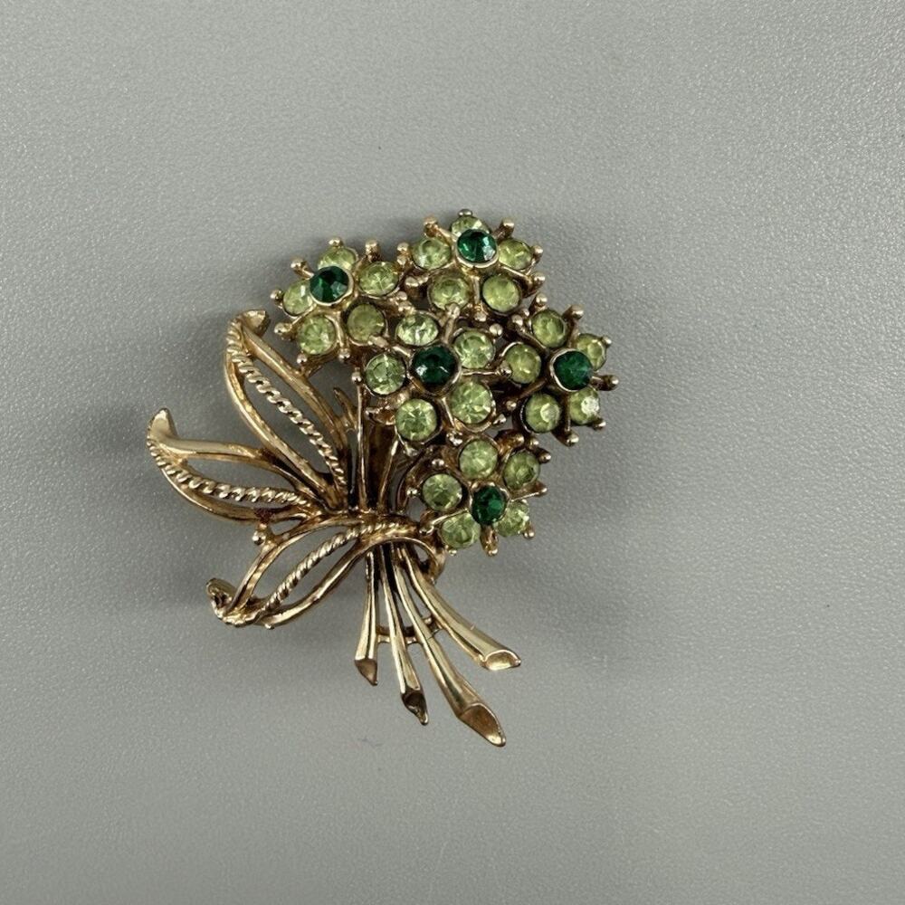 Vintage Signed Coro Green Rhinestone Flower Bouquet Brooch Gold Tone Pin